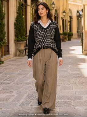 Horst Düsseldorf Merino Wool Argyle V-Neck Sweater Preppy Oversized L